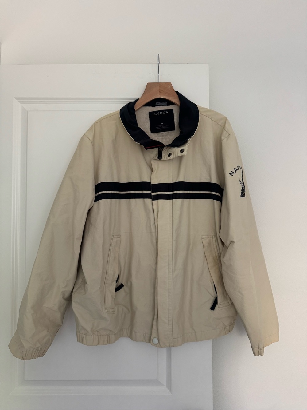 Nautica men’s vintage beige & blue detail bomber windbreaker jacket coat size XL